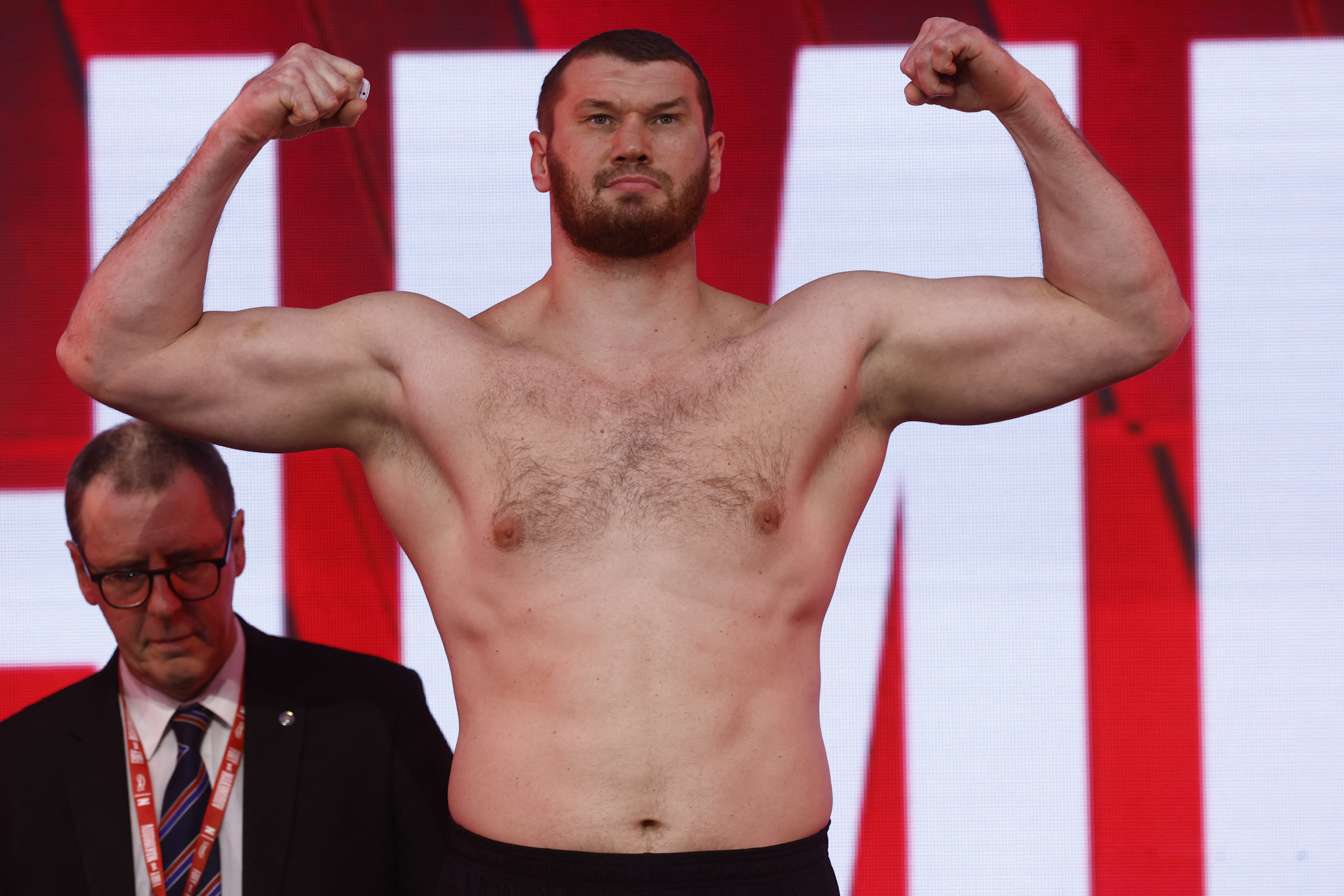 Arslanbek Makhmudov during the weigh-in as we make our best Tyson Fury vs. Arslanbek Makhmudov prop bets