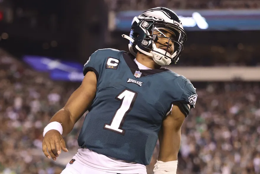 Jalen Hurts of the Philadelphia Eagles looks on at Lincoln Financial Field on September 19, 2022.