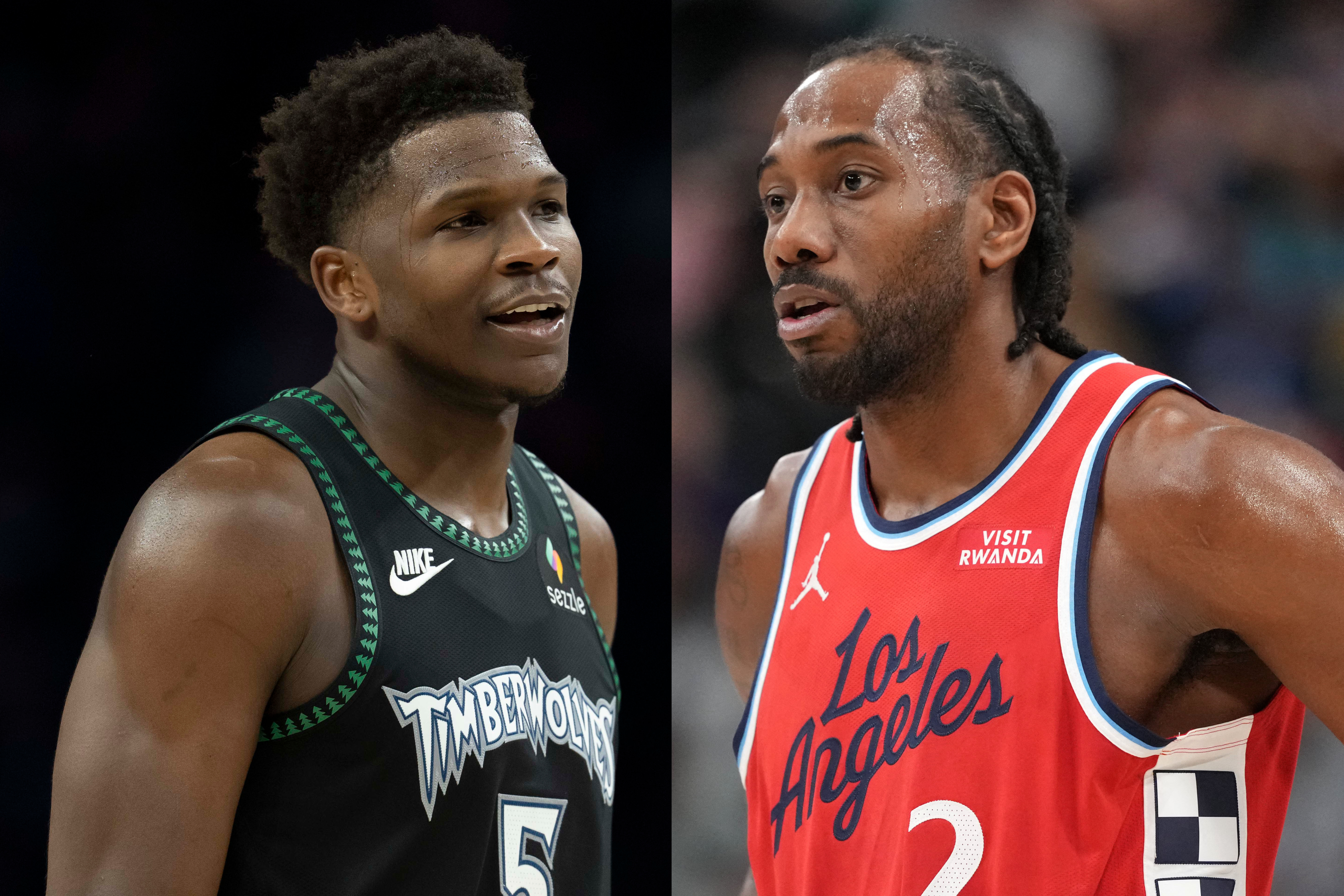 Minnesota Timberwolves guard Anthony Edwards (5) and LA Clippers forward Kawhi Leonard (2) are both featured in our Timberwolves vs. Clippers player props today.