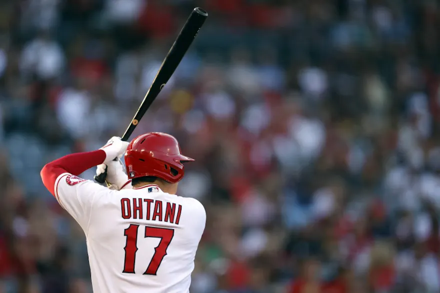 Shohei Ohtani of the Los Angeles Angels leads at bat during a game against the San Diego Padres at Angel Stadium of Anaheim in Anaheim, California. Photo by Sean M. Haffey / Getty Images via AFP.