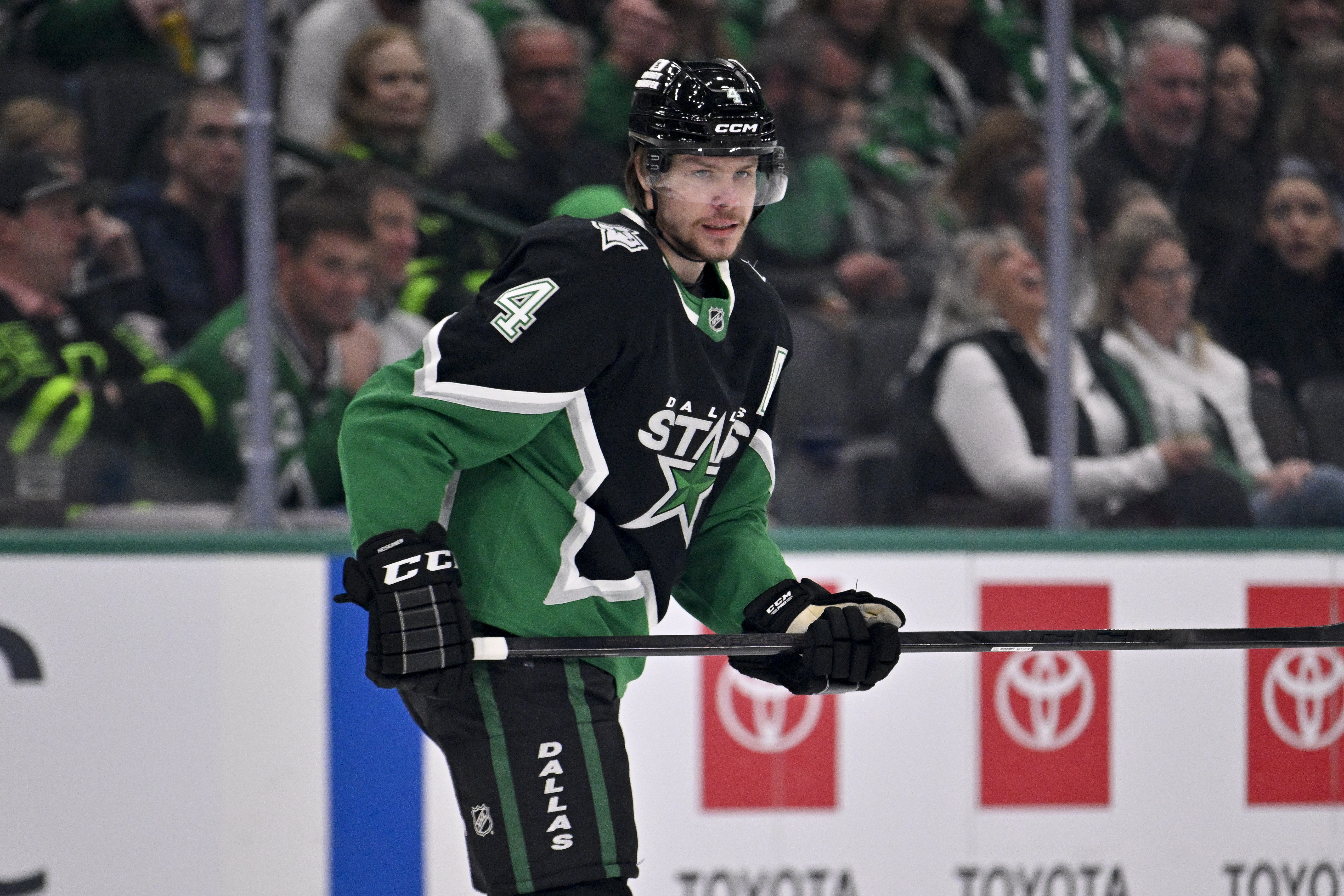 Dallas Stars defenseman Miro Heiskanen (4), seen here skating during a game, is featured in our Stars vs. Wild prediction tonight.