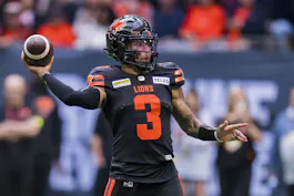 B.C. Lions quarterback Vernon Adams Jr. throws a pass against the Edmonton Elks in the second half at BC Place. We're backing B.C. in our Lions vs. Argonauts Prediction. 