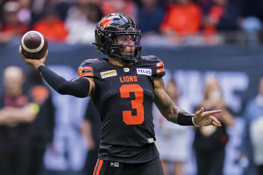 B.C. Lions quarterback Vernon Adams Jr. throws a pass against the Edmonton Elks in the second half at BC Place. We're backing B.C. in our Lions vs. Argonauts Prediction.