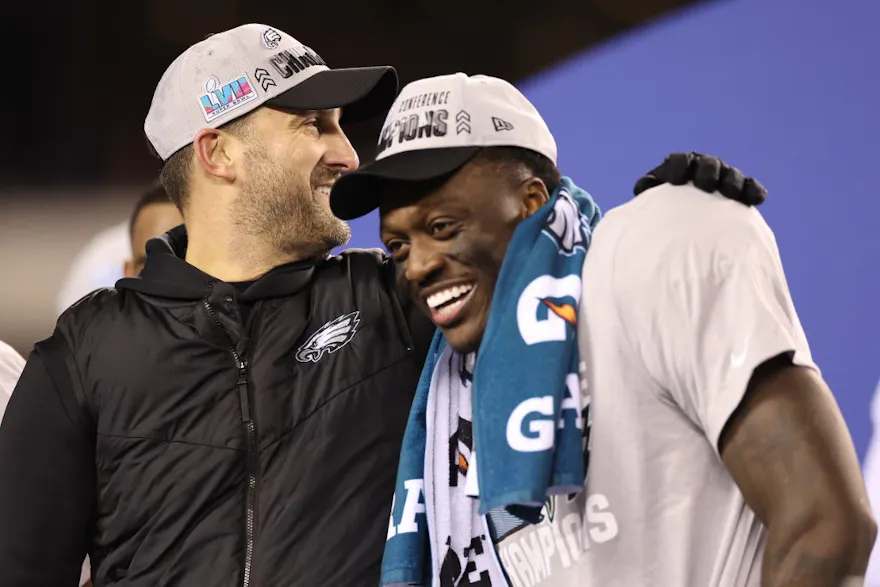 Head coach Nick Sirianni of the Philadelphia Eagles celebrates with A.J. Brown #11 after defeating the San Francisco 49ers to win the NFC Championship Game at Lincoln Financial Field on January 29, 2023 in Philadelphia, Pennsylvania.