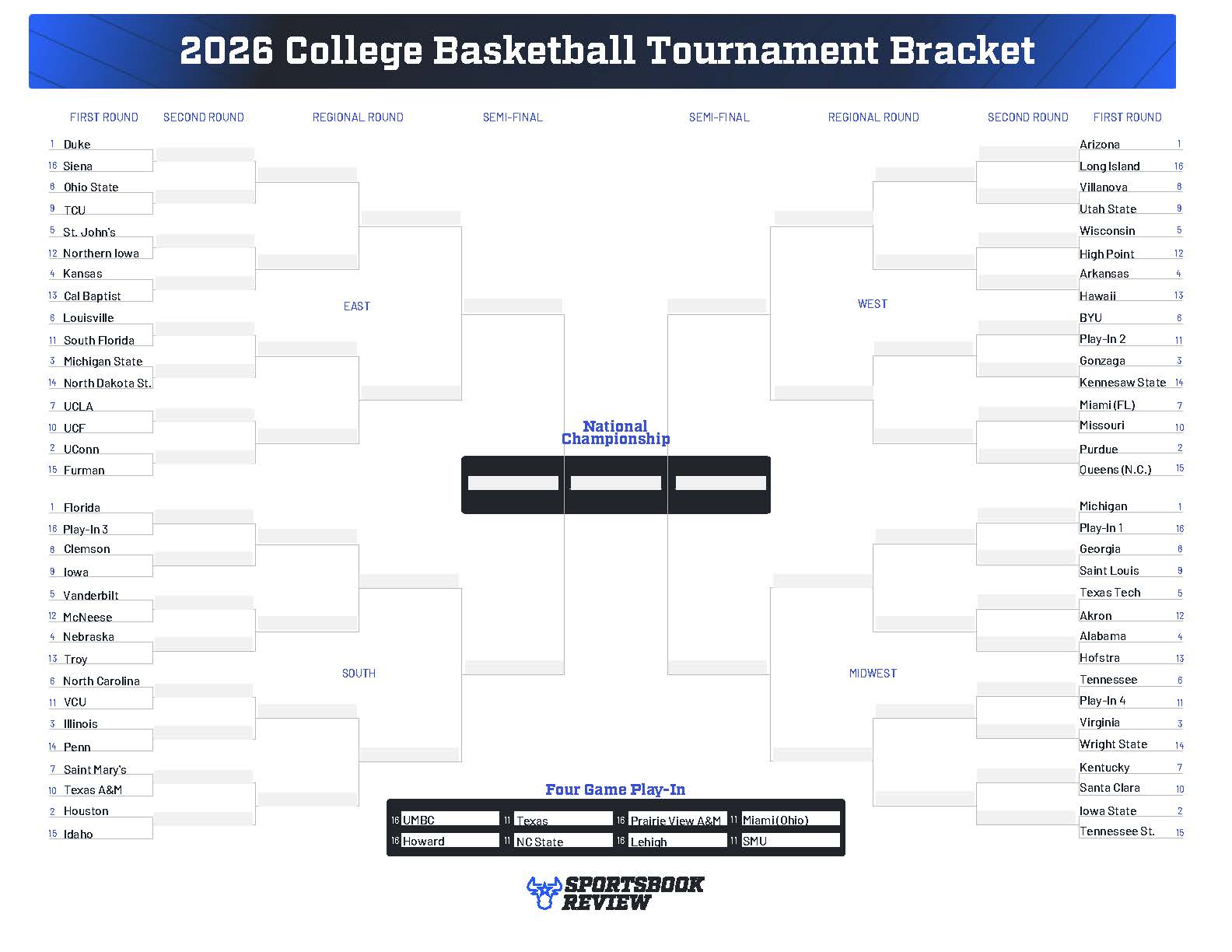 Our custom 2026 March Madness bracket. Download and print it today to show off your college basketball knowledge for the NCAA Tournament.