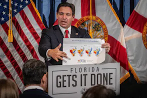 Governor Ron DeSantis holds up an Everglades hydration comparison map as we look at his proposed changes to the Florida constitution.