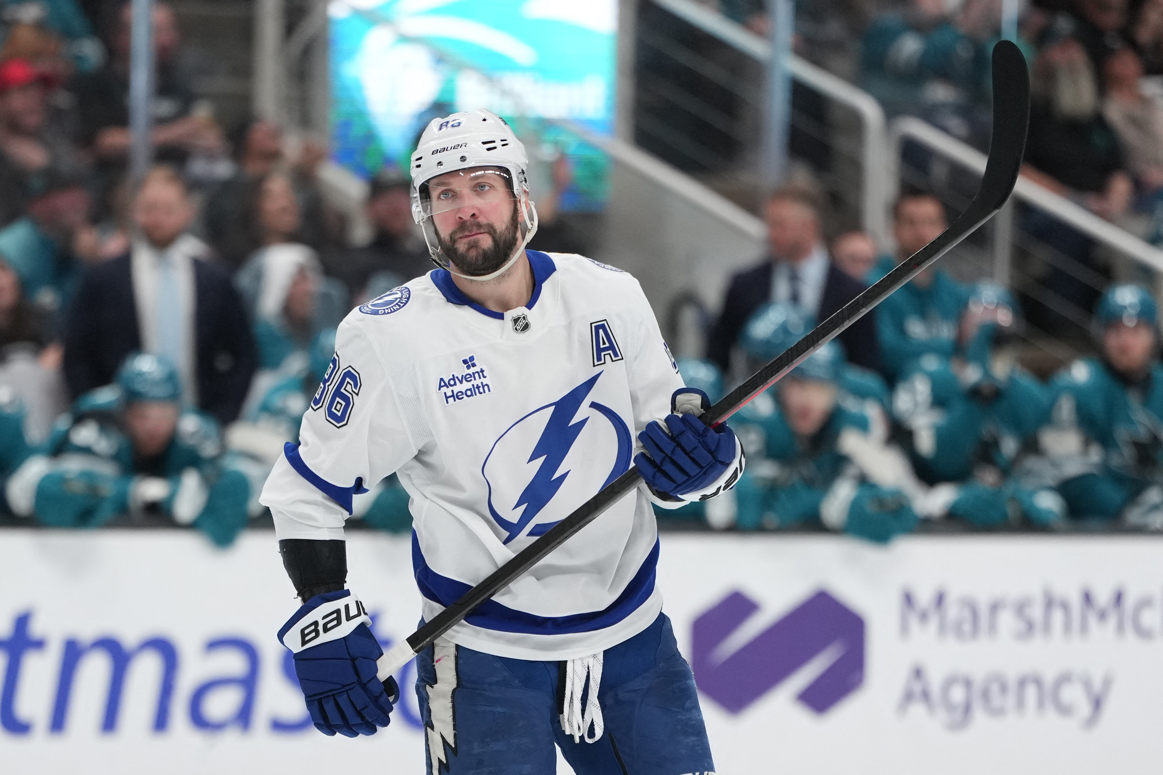 Tampa Bay Lightning right wing Nikita Kucherov (86), seen here standing on the ice, is featured in our NHL anytime goal scorer predictions tonight.
