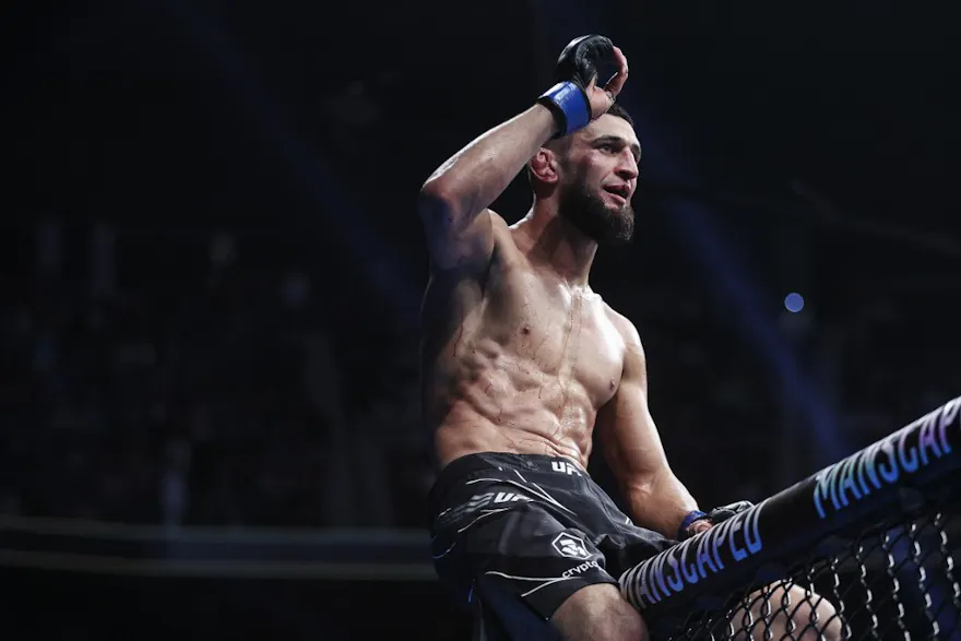 Khamzat Chimaev of Russia reacts after defeating Gilbert Burns of Brazil in the welterweight bout during the UFC 273 event at VyStar Veterans Memorial Arena