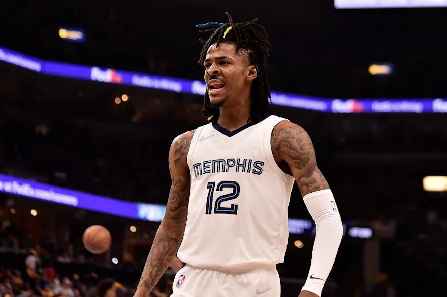 Ja Morant of the Memphis Grizzlies reacts during the Western Conference First Round against the Minnesota Timberwolves at FedExForum in Memphis, Tennessee. Photo by Justin Ford/Getty Images via AFP.