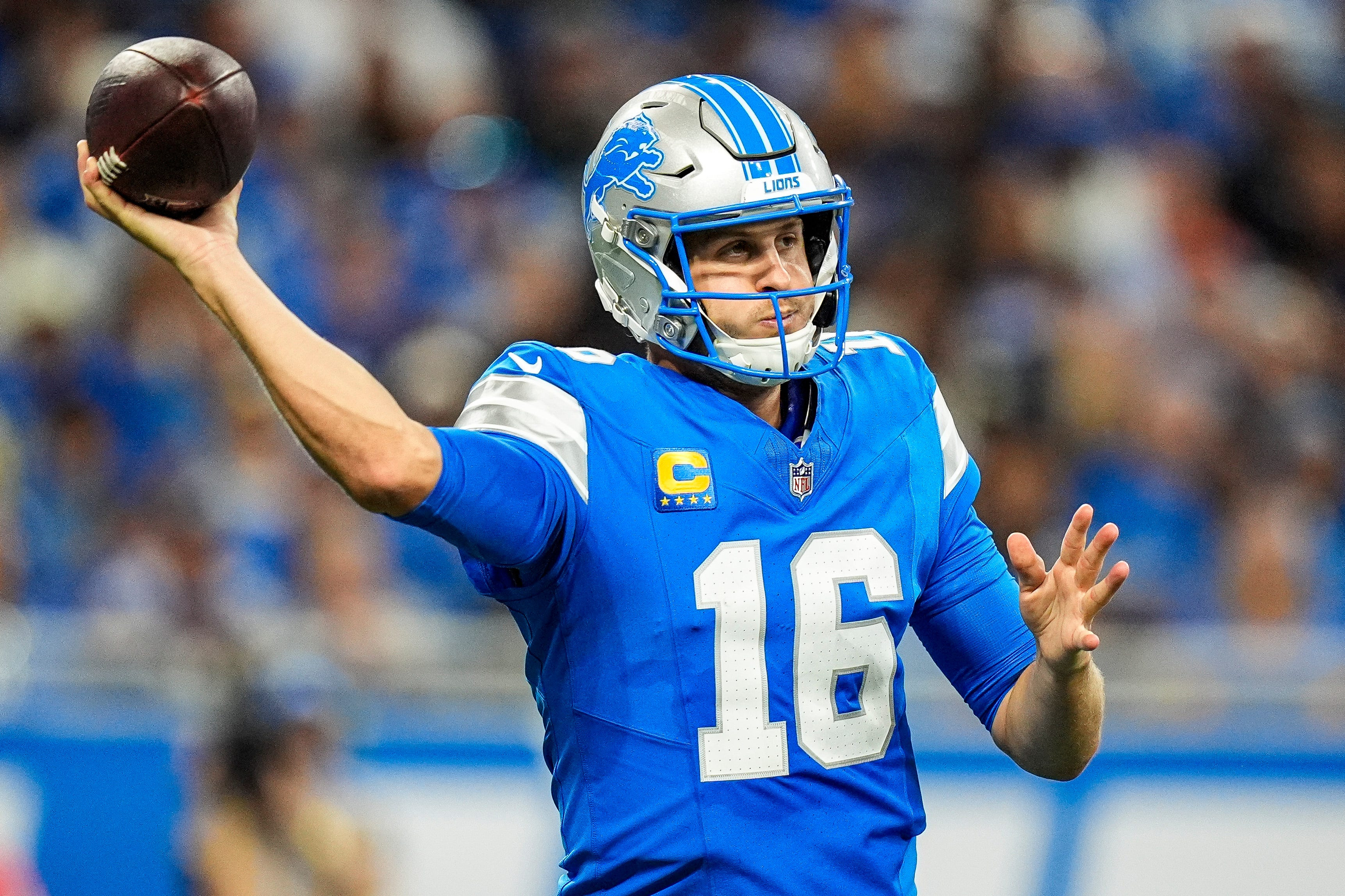 Lions quarterback Jared Goff (16) makes a pass as we break down our Lions vs. Bills same game parlay.