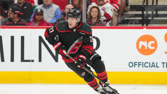Carolina Hurricanes left wing Nikolaj Ehlers (27) skates with the puck as we offer our Islanders vs. Hurricanes player props.