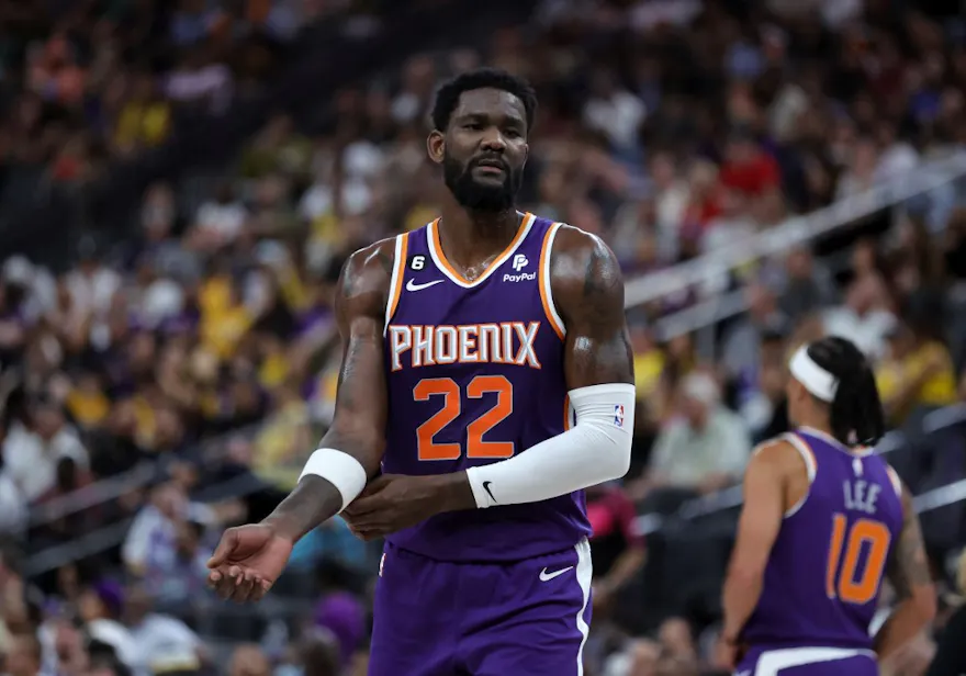 Deandre Ayton of the Phoenix Suns stands on the court during a break in the first quarter of a preseason game against the Los Angeles Lakers at T-Mobile Arena in Las Vegas, Nevada. Photo by Ethan Miller/Getty Images via AFP.