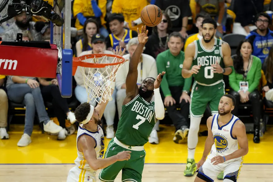 Jaylen Brown of the Boston Celtics shoots over Klay Thompson of the Golden State Warriors, and we offer new U.S. bettors our exclusive BetMGM bonus code for Celtics vs. Knicks.