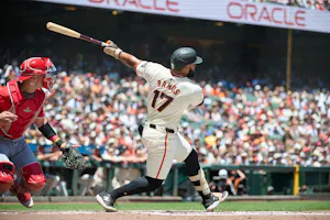 San Francisco Giants outfielder Heliot Ramos hits a two run home run against the Los Angeles Angels during the first inning at Oracle Park. We're backing Ramos in our Giants vs. Cardinals Player Props. 