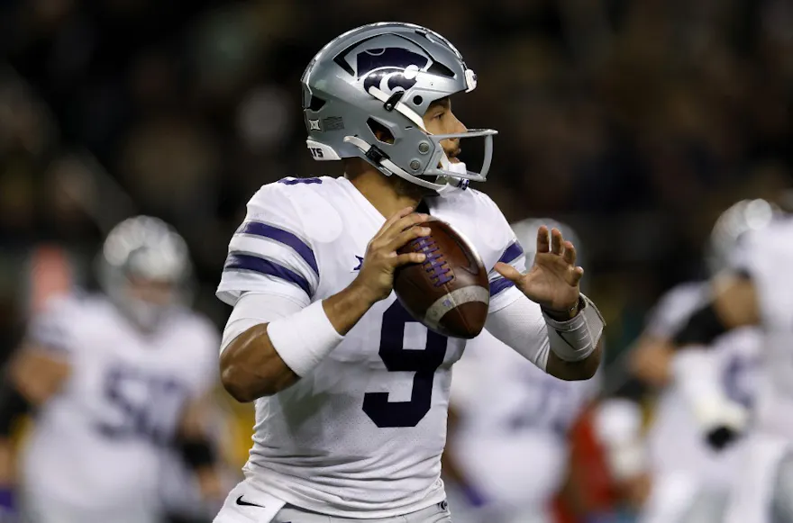 Adrian Martinez of the Kansas State Wildcats looks to throw against the Baylor Bears.