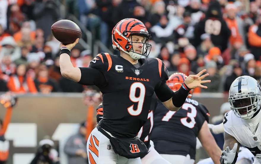 Joe Burrow of the Cincinnati Bengals throws against the Las Vegas Raiders during the AFC Wild Card Playoff game at Paul Brown Stadium on Jan. 15, 2022 in Cincinnati, Ohio.