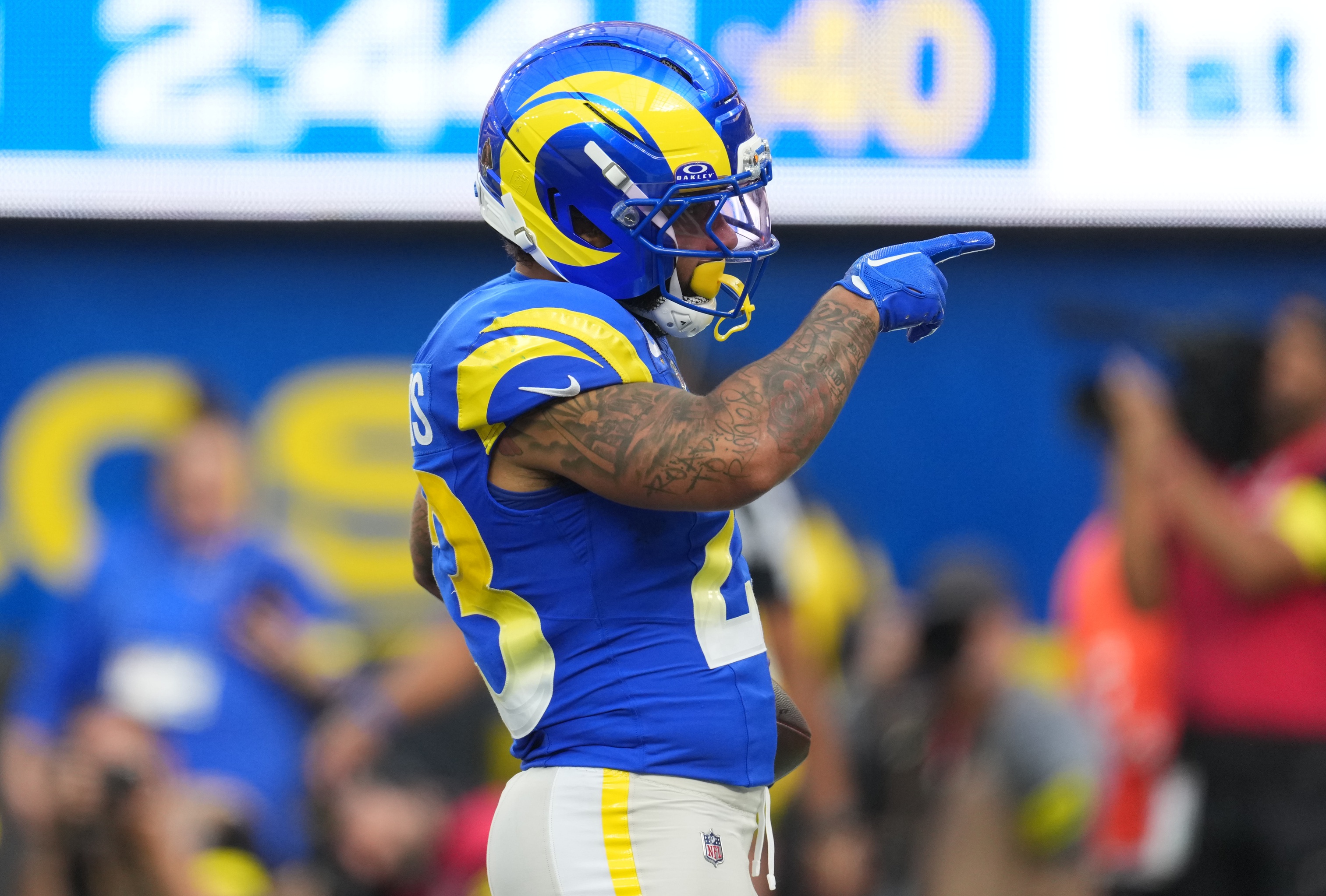 Los Angeles Rams running back Kyren Williams (23), seen here celebrating after running for a touchdown, leads our Rams vs. Seahawks first touchdown scorers for Thursday Night Football.