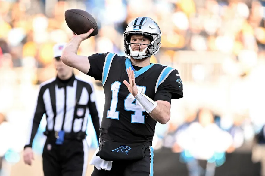 Sam Darnold of the Carolina Panthers throws a pass against the Pittsburgh Steelers during the second half at Bank of America Stadium.