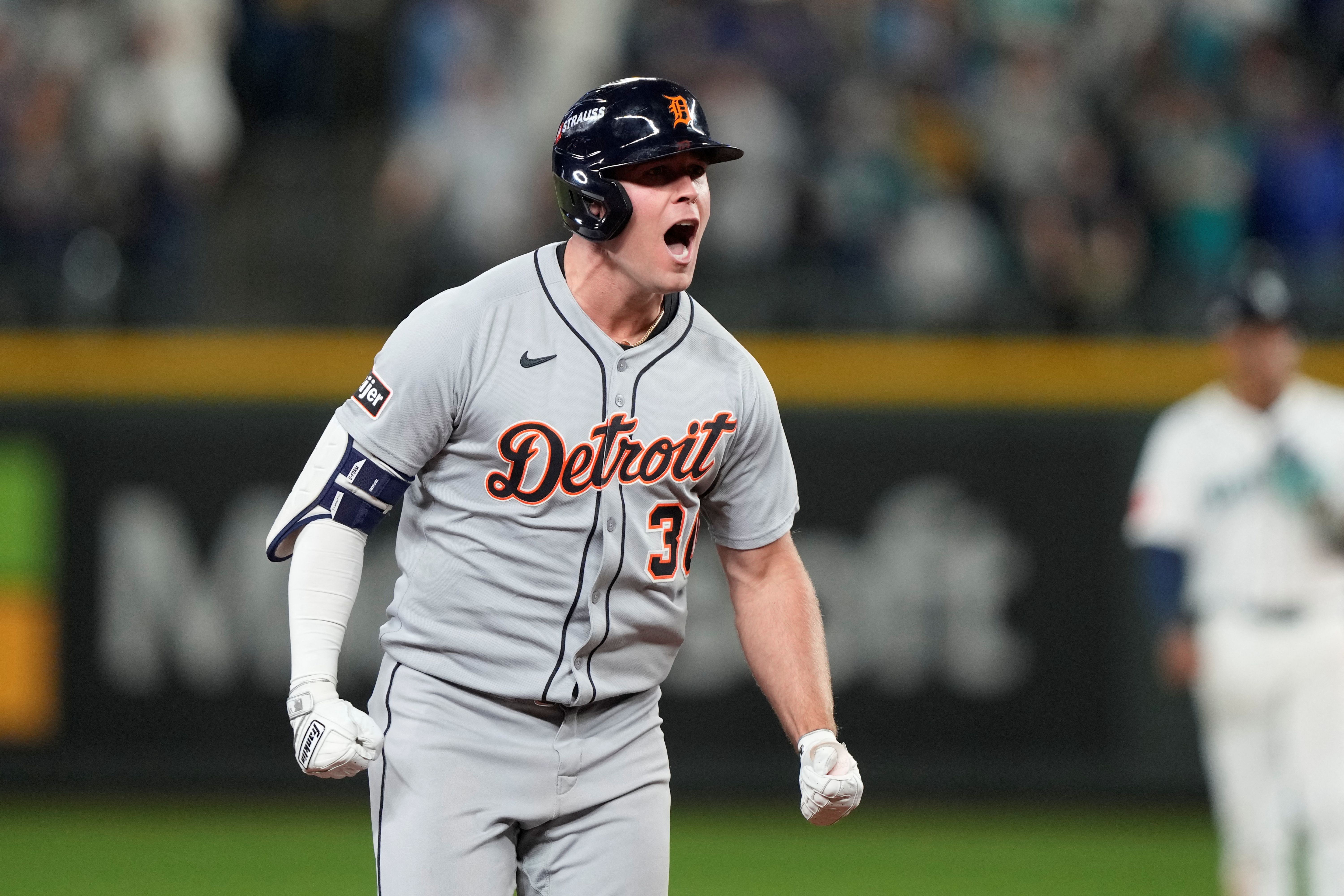 Detroit Tigers right fielder Kerry Carpenter reacts after hitting a home run, and he's featured as part of our best home run predictions today.
