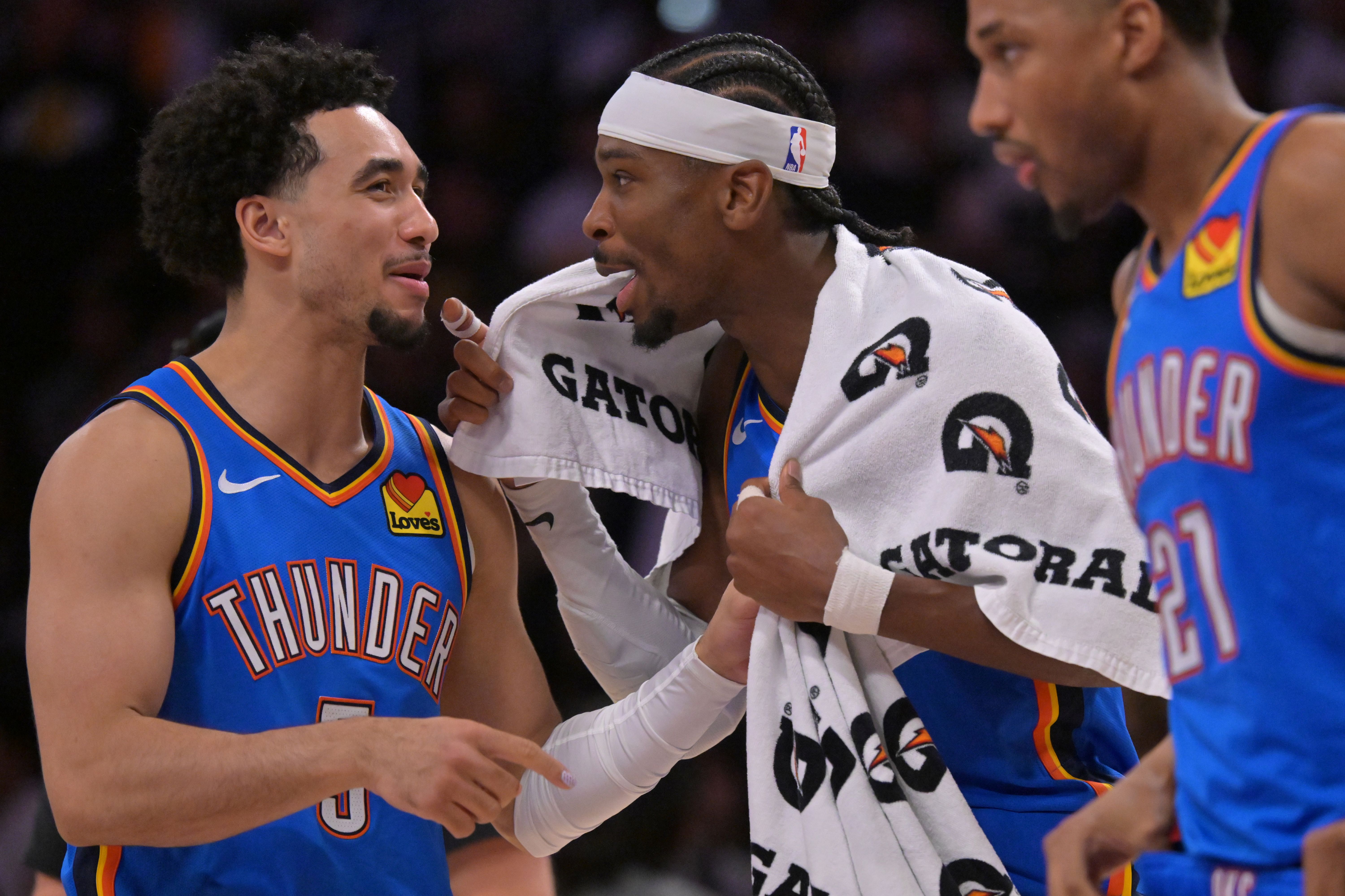 Thunder guards Jared McCain (3) and Shai Gilgeous-Alexander (2) celebrate as we analyze the 2026-27 NBA championship odds.&nbsp;