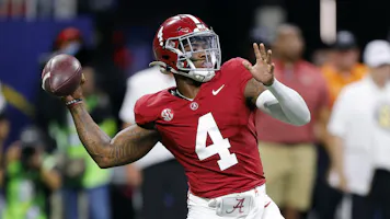 Jalen Milroe of the Alabama Crimson Tide passes the ball as we look at Alabama's win total entering the 2024-25 season.