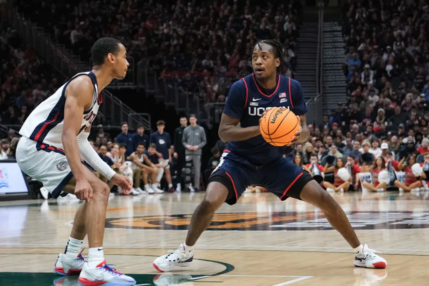 Tristen Newton of the UConn Huskies drives against the Gonzaga Bulldogs. The Connecticut Huskies defeated the Gonzaga Bulldogs 76-63. We're backing Newton in our March Madness MVP predictions.