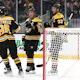 Brad Marchand of the Boston Bruins celebrates with Patrice Bergeron and David Pastrnak after scoring a goal against the Dallas Stars at TD Garden in Boston, Massachusetts. Photo by Maddie Meyer Getty Images via AFP.
