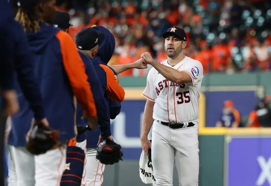 Justin Verlander #35 of the Houston Astros is seen prior to Game One of the Division Series as we look at our best Rangers-Astros prediction for Game 1