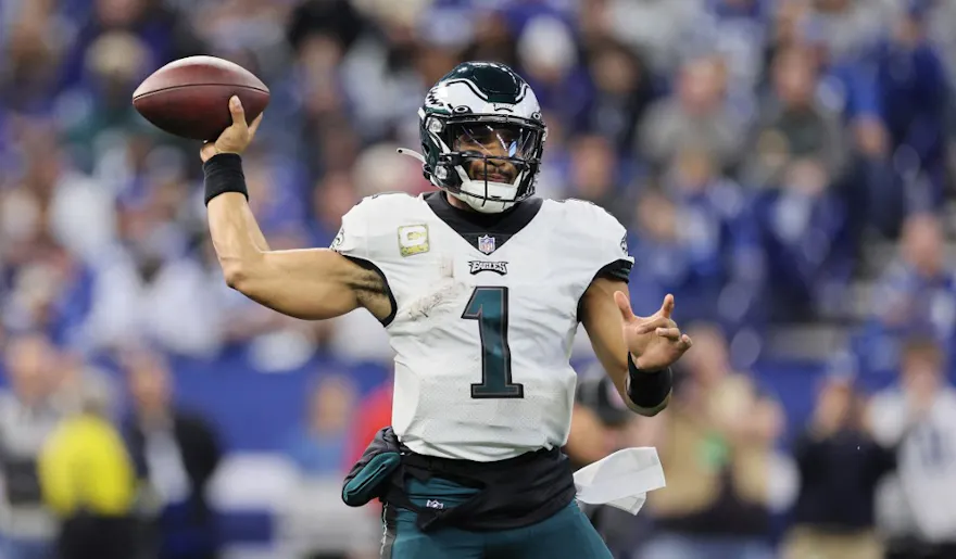 Jalen Hurts of the Philadelphia Eagles throws against the Indianapolis Colts at Lucas Oil Stadium on Nov. 20, 2022 in Indianapolis, Indiana.