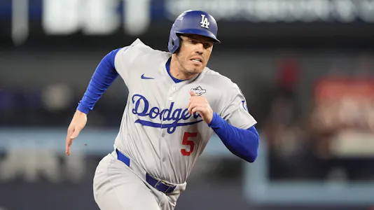 Pictured: Los Angeles Dodgers first baseman Freddie Freeman (5) runs home as we break down our Blue Jays vs. Dodgers same-game parlay.