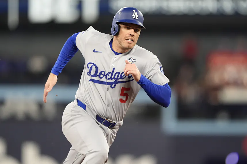 Pictured: Los Angeles Dodgers first baseman Freddie Freeman (5) runs home as we break down our Blue Jays vs. Dodgers same-game parlay.