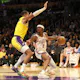 Shai Gilgeous-Alexander of the Oklahoma City Thunder handles the ball against Troy Brown Jr. of the L.A. Lakers at Crypto.com Arena on Feb. 7, 2023 in Los Angeles, California.
