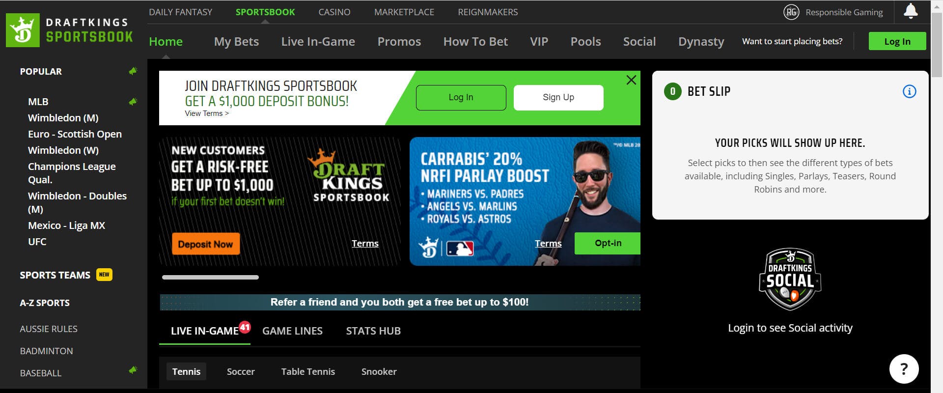 DraftKings Sportsbook home page<br>