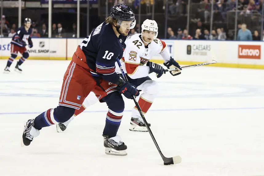 New York Rangers left wing Artemi Panarin attempts a shot as we offer our Rangers vs. Capitals prediction.