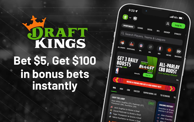 Promo image showing DraftKings Sportsbook welcome bonus: "bet $5, get $100 in bonus bets instantly."