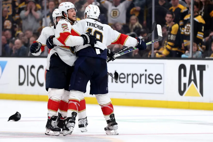 Matthew Tkachuk and Brandon Montour of the Florida Panthers celebrate during the 2023 Stanley Cup playoffs and we offer our top odds and predictions for Game 3 of the Stanley Cup Final.