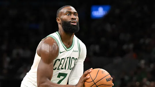 Boston Celtics guard Jaylen Brown (7) attempts a free throw as we break down our Celtics vs. Knicks player prop bets.