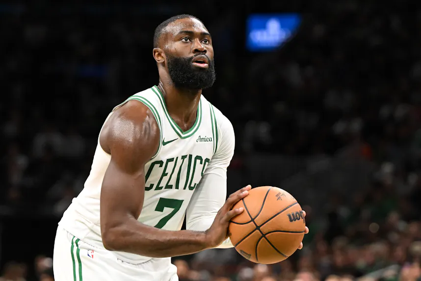 Boston Celtics guard Jaylen Brown (7) attempts a free throw as we break down our Celtics vs. Knicks player prop bets.