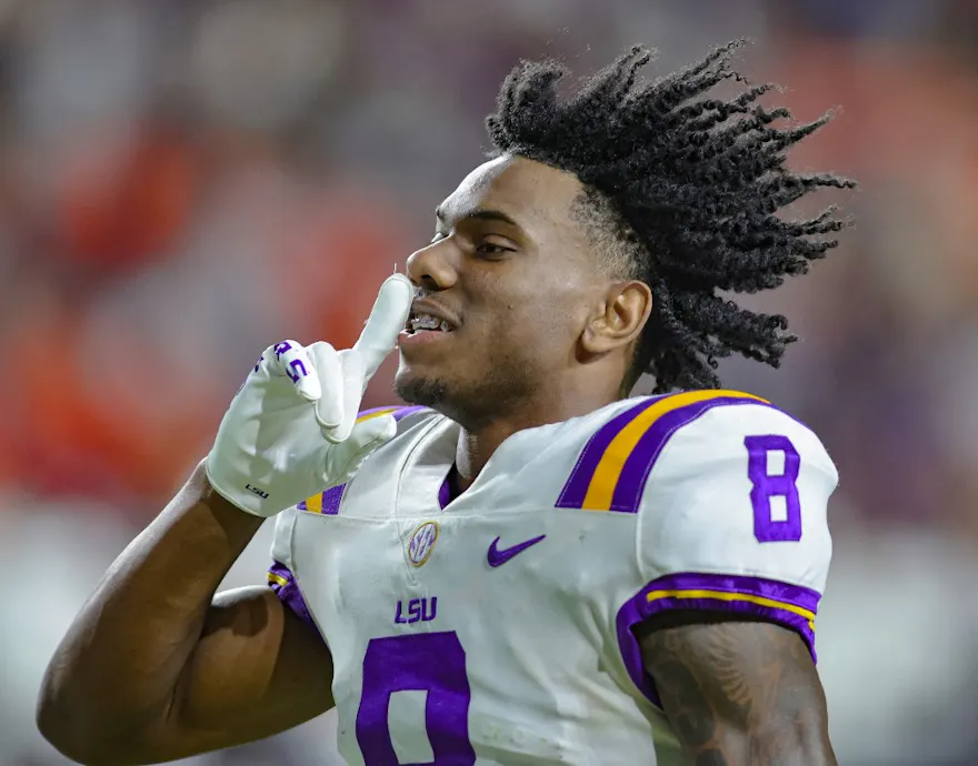 Malik Nabers of the LSU Tigers reacts after an LSU victory at Jordan-Hare Stadium on October 1, 2022 in Auburn, Alabama.