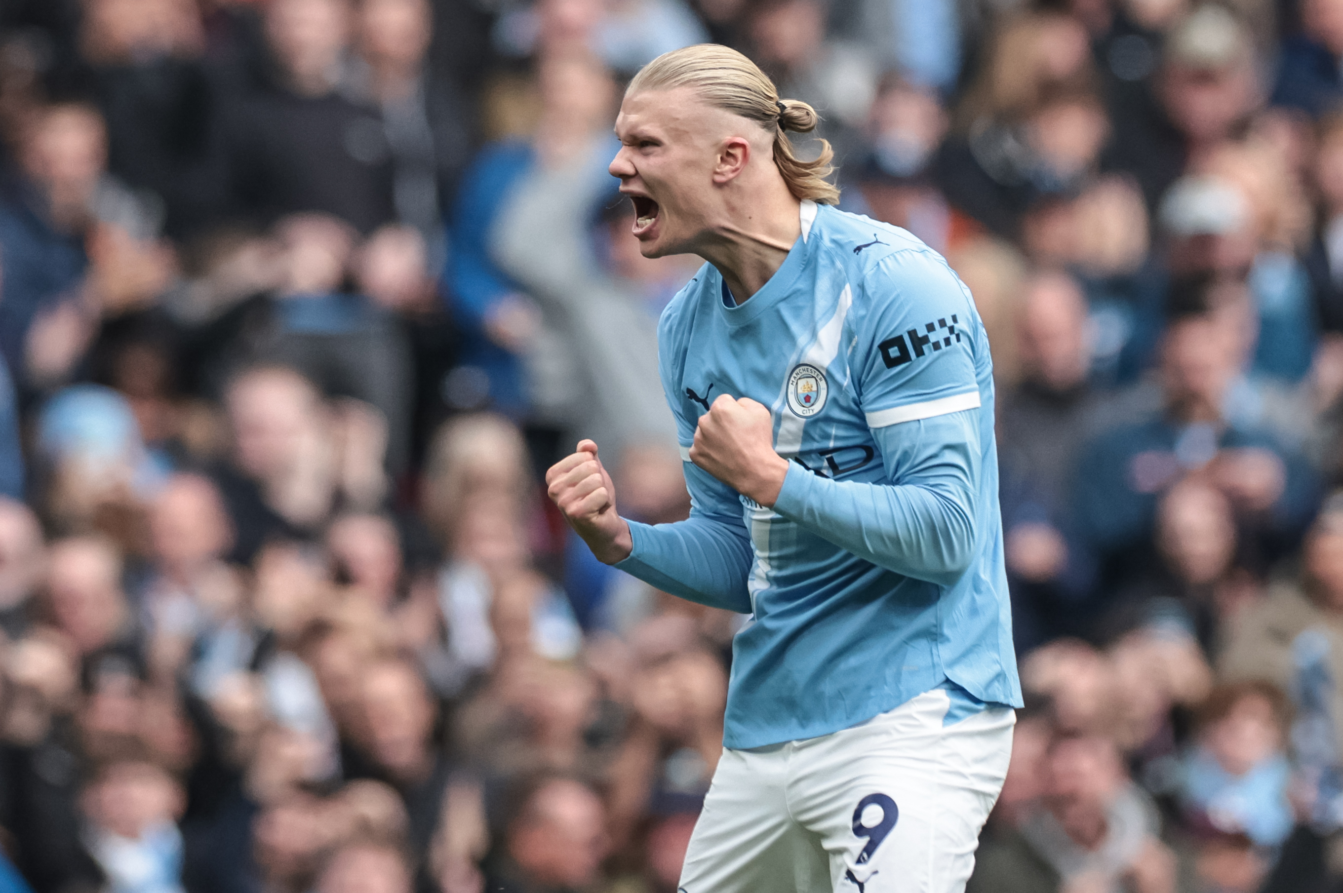 Erling Haaland of Manchester City celebrates a goal as we make our best Real Madrid vs. Man City prediction
