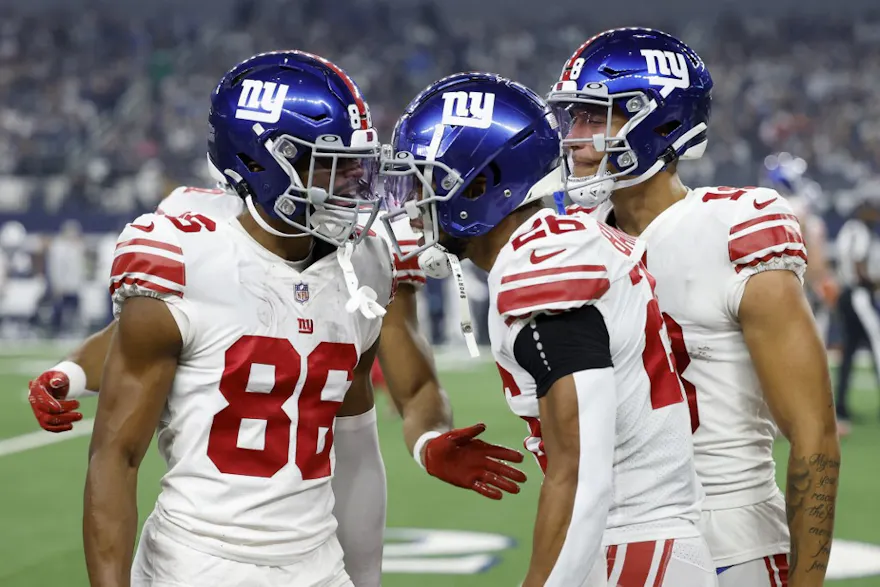 Darius Slayton and Saquon Barkley of the New York Giants celebrate a touchdown during the first half against the Dallas Cowboys.
