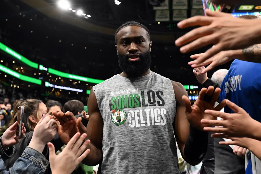 Jaylen Brown of the Boston Celtics walks off of the court after a game against the Dallas Mavericks, and we offer new U.S. bettors our exclusive bet365 bonus code.