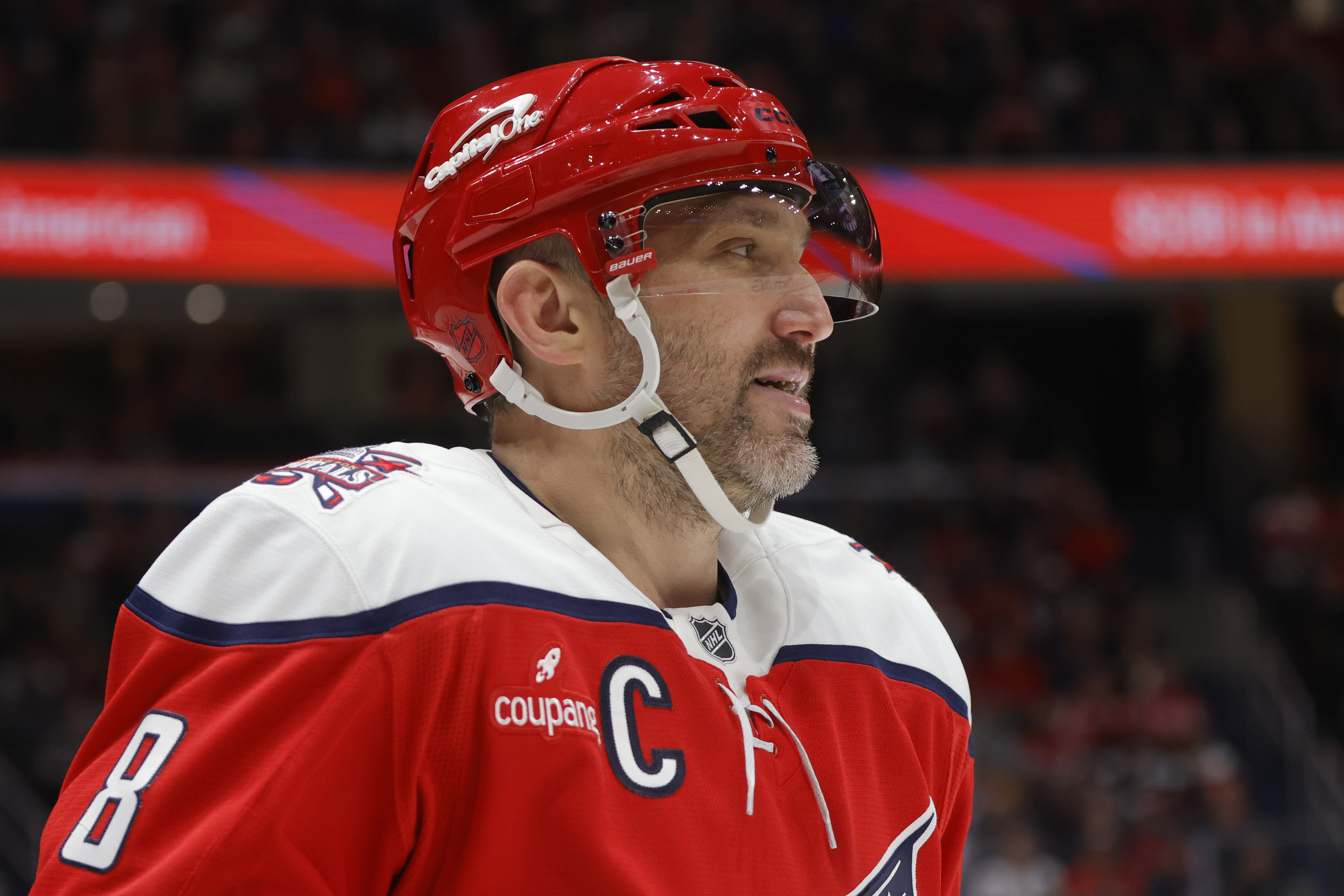 Washington Capitals left wing Alex Ovechkin - who's featured in my NHL anytime goal scorer predictions - looks on