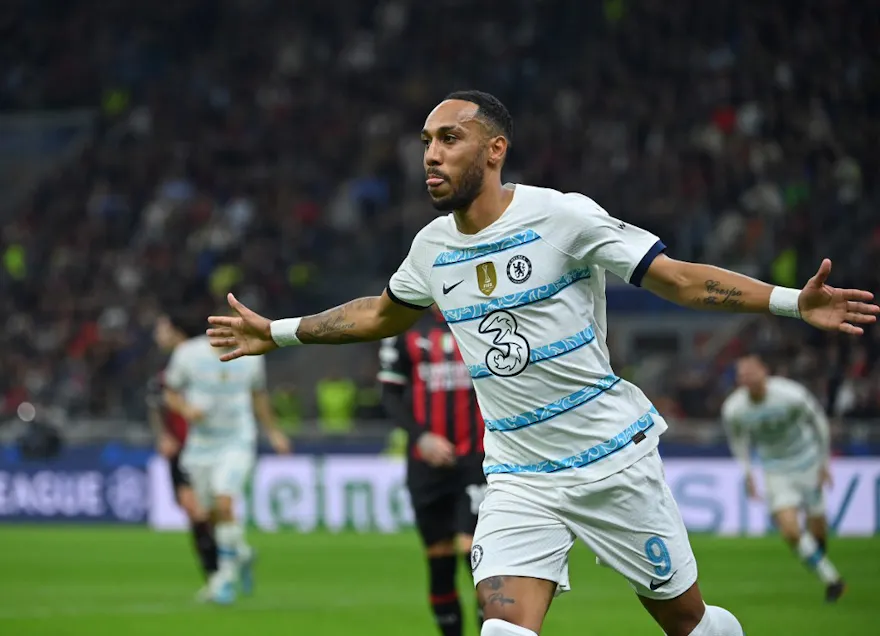 Chelsea striker Pierre-Emerick Aubameyang celebrates scoring his team's second goal during the UEFA Champions League match against AC Milan.