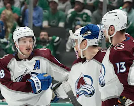 Valeri Nichushkin (13) celebrates with Artturi Lehkonen (62) and Cale Makar (8) of the Colorado Avalanche against the Dallas Stars, as we offer our Avalance vs. Stars expert picks for Thursday's Game 2 at American Airlines Center in Dallas.
