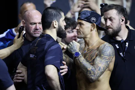 Islam Makhachev faces off with Dustin Poirier during the UFC 302 ceremonial weigh-in, and we provide our top predictions and expert picks for UFC 302.