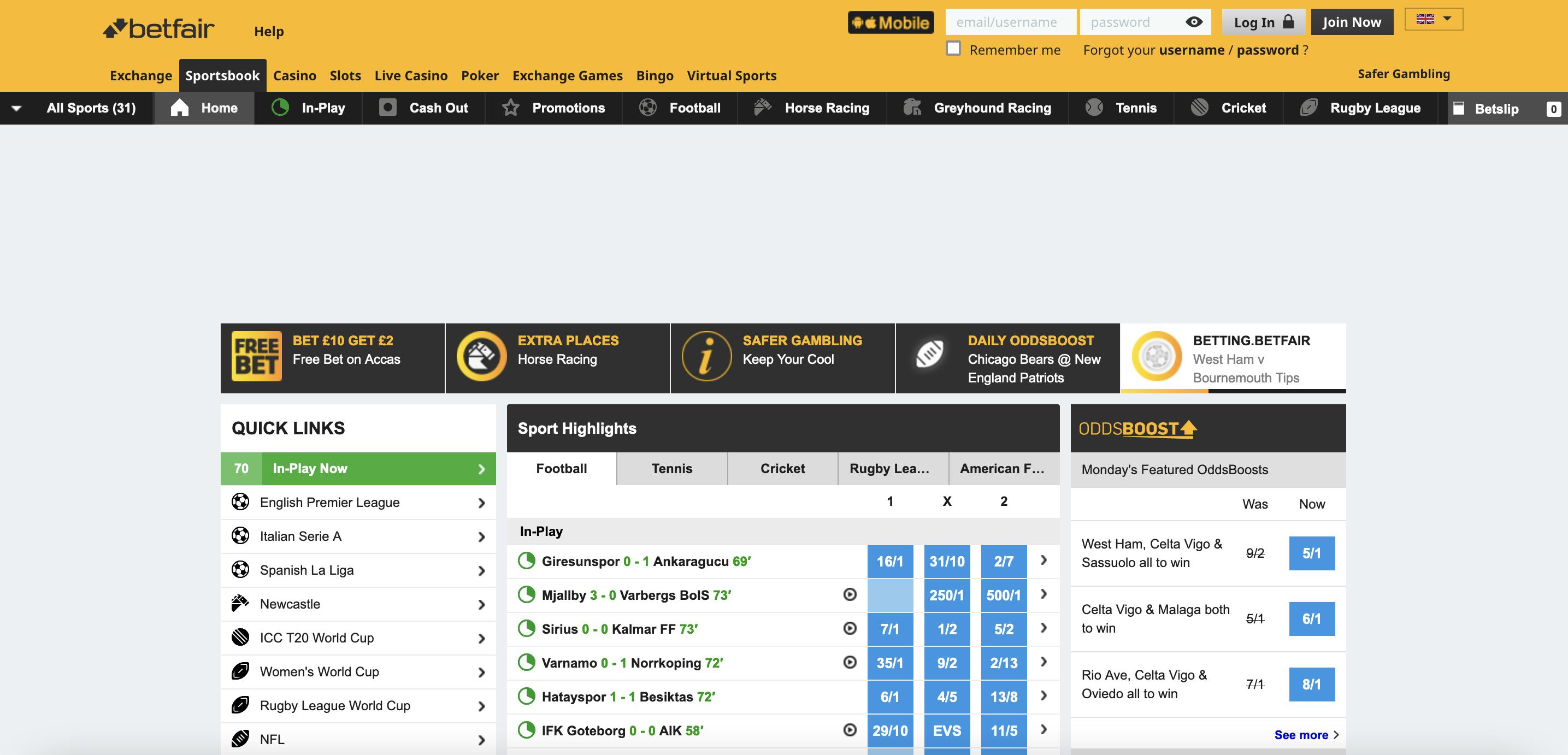 Betfair sportsbook homepage<br>