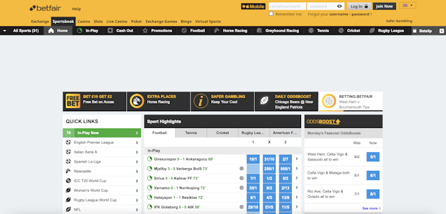Betfair sportsbook homepage<br>