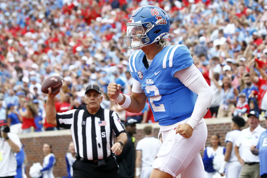Mississippi Rebels quarterback Jaxson Dart reacts after a touchdown against the Kentucky Wildcats.
