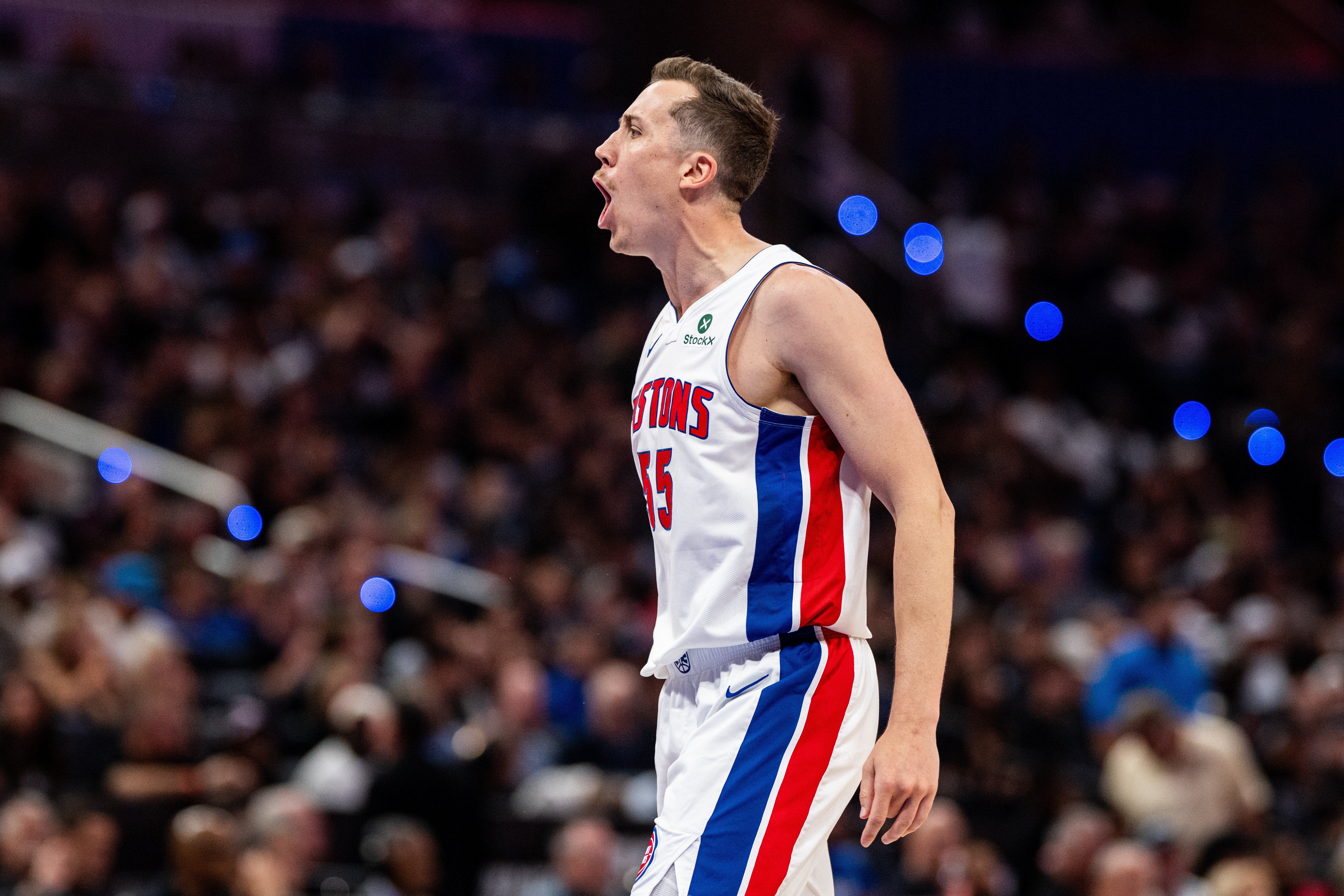 Detroit Pistons forward Duncan Robinson (55), seen here celebrating during a game, is featured in our Pistons vs. Cavaliers player props for Game 3 today.